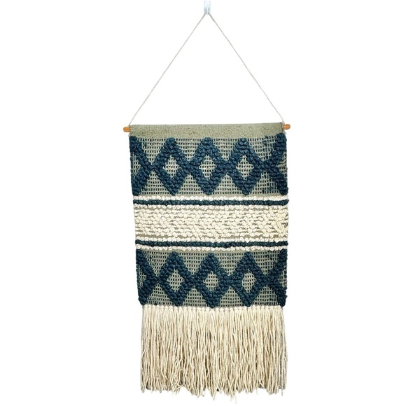 Boho Woven Wool Wall Hanging Tapestry Size 17" x 34" Cream Tan Blue Neutral - Picture 10 of 10